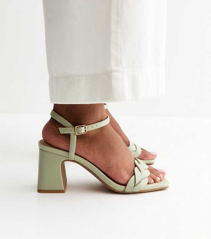 Light Green Faux Leather Braided Block Heel Sandals