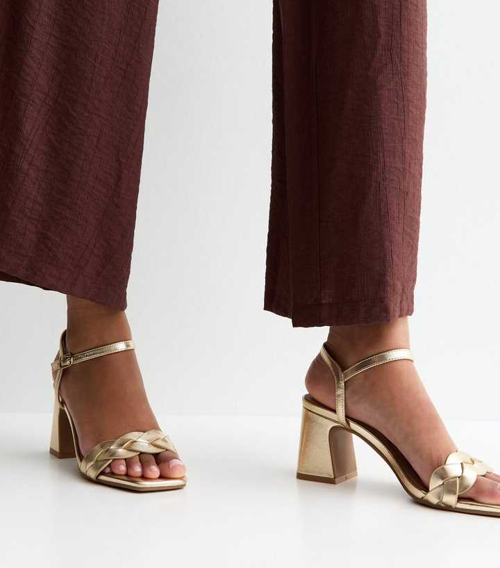 Gold Faux Leather Braided Block Heel Sandals