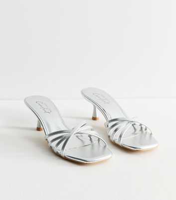 Silver Faux Leather Strappy Kitten Heel Mules