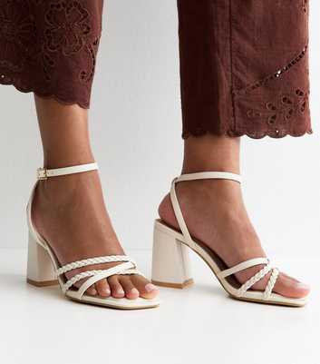 Wide Fit Off White Faux Leather Braided Strap Sandals