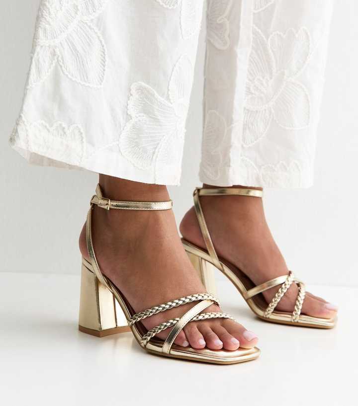 Wide Fit Gold Faux Leather Block Heel Sandals