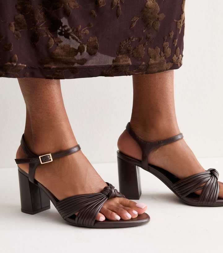 Dark Brown Wide Fit Faux Leather Knot Block Heel Sandals