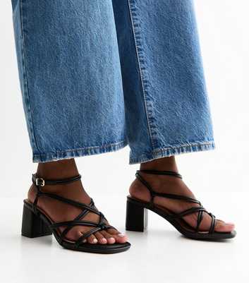 Wide Fit Black Faux Leather Strappy Block Heel Sandals