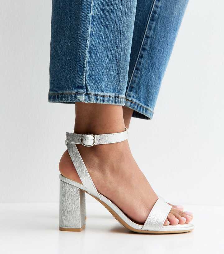 Wide Fit Silver Single Strap Block Heel Sandals