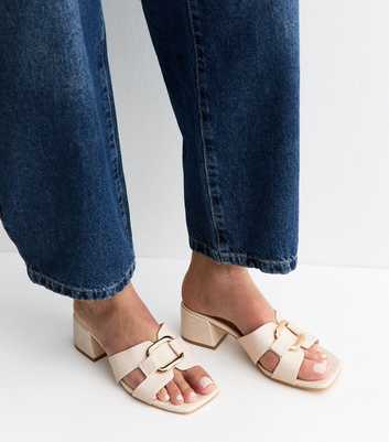 Wide Fit Off White Rectangle Buckle Block Heel Mules