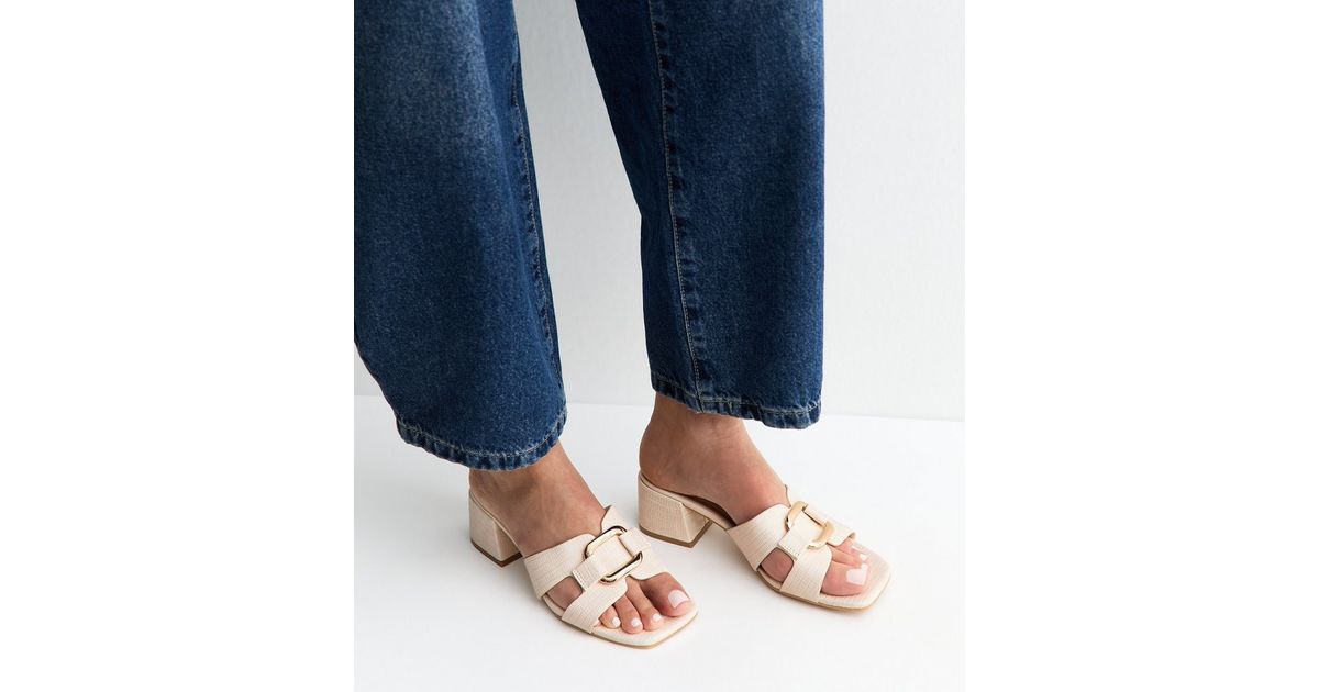 Rectangular Cut Heels Wide Fit Off White Rectangle Buckle Block Heel Mules | New Look