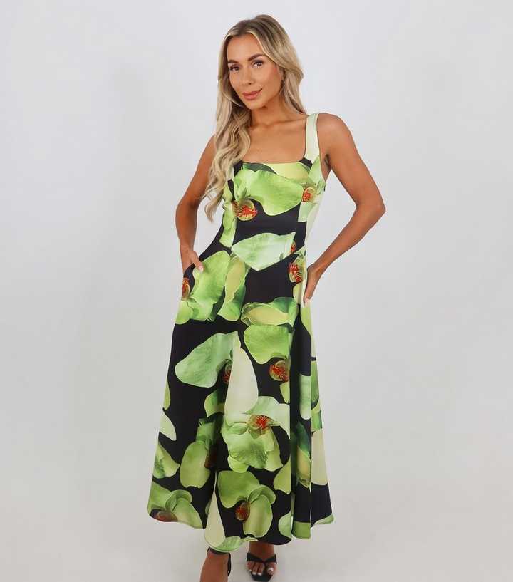 AX Paris Black Floral Square Neck Midi Dress