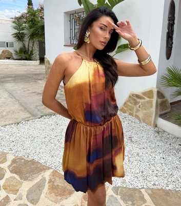 AX Paris Brown Smudge Print Bubble Hem Mini Dress