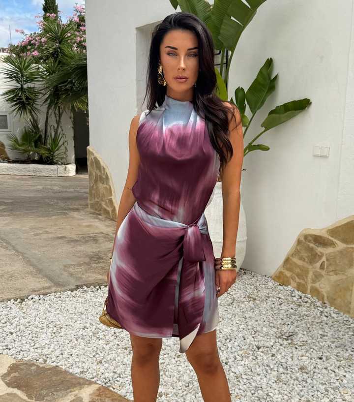 AX Paris Purple Smudge Print Tie Waist Mini Dress