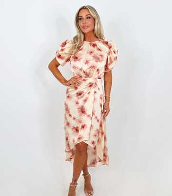 AX Paris Pink Satin Floral Puff Sleeve Midi Dress