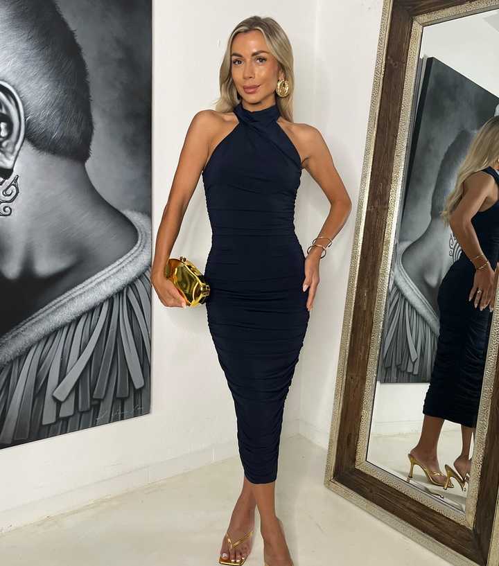 AX Paris Navy Draped Halter Neck Midi Dress