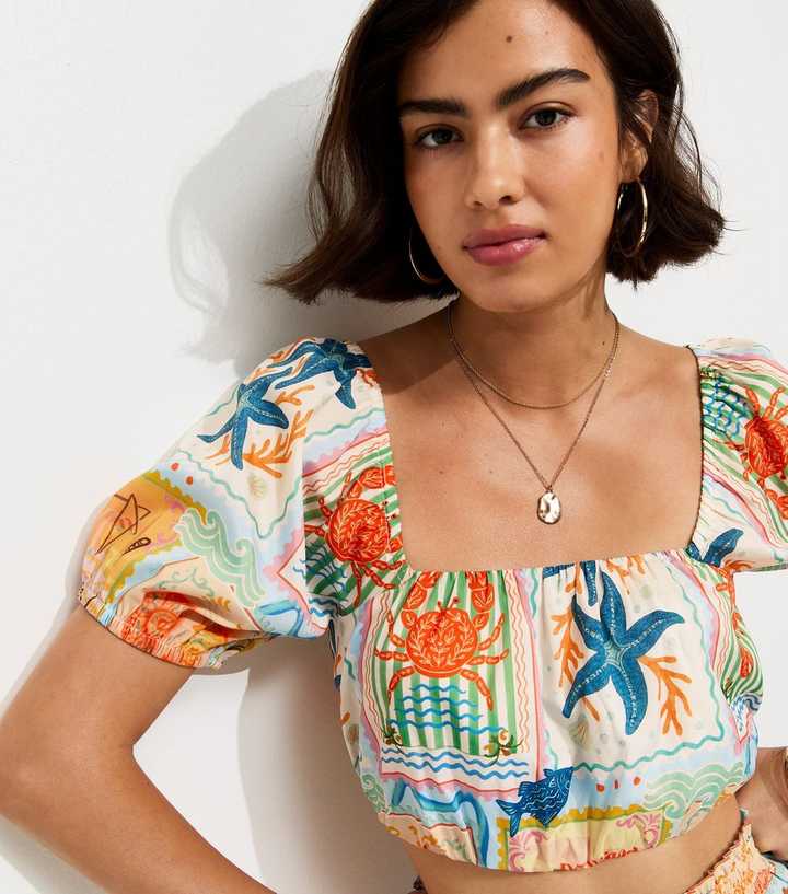 Multicoloured Patchwork Print Bubble Hem Crop Top