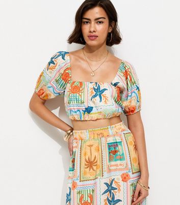 Multicoloured Patchwork Print Bubble Hem Crop Top | New Look
