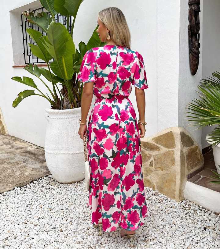AX Paris Pink Floral Draped Midi Dress | New Look AX Paris Pink Floral Draped Midi Dress | New Look