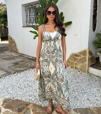 AX Paris Grey Ruched Strap Printed Midi Dress