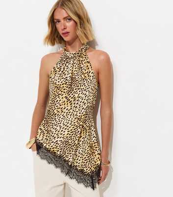 Brown Animal Print Asymmetric Hem Halterneck Top