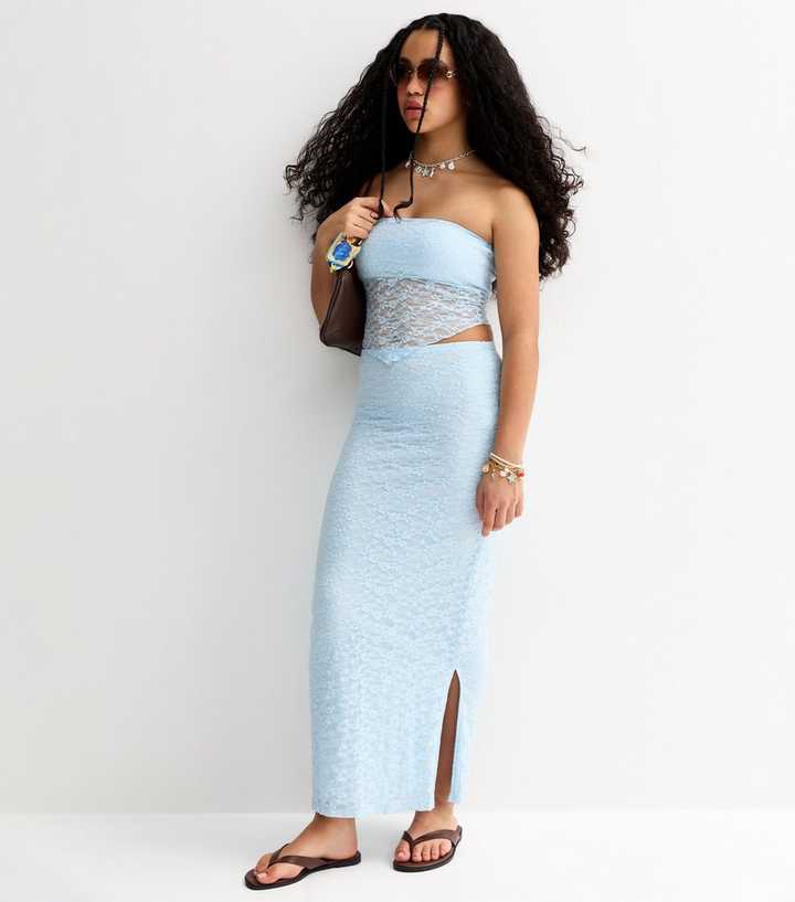Girls Light Blue Maxi Lace Fitted Skirt