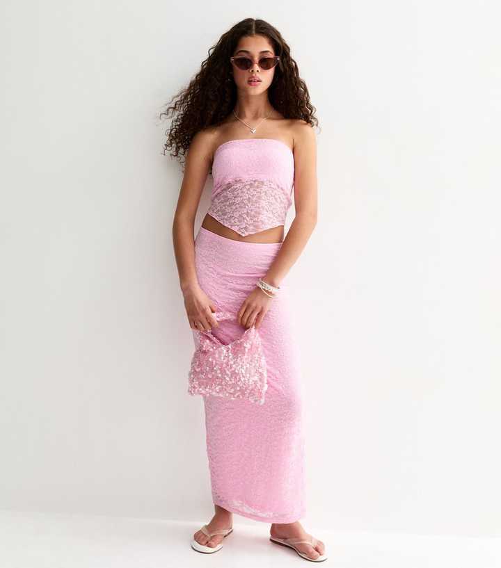 Girls Light Pink Maxi Lace Fitted Skirt