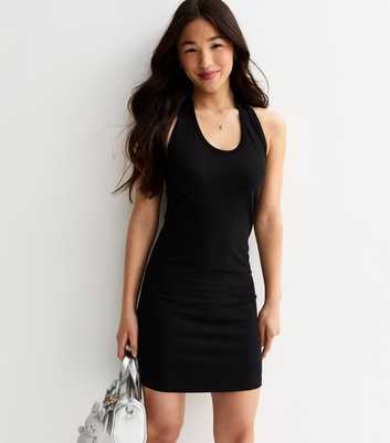 Girls Black Jersey Halter Neck Mini Dress