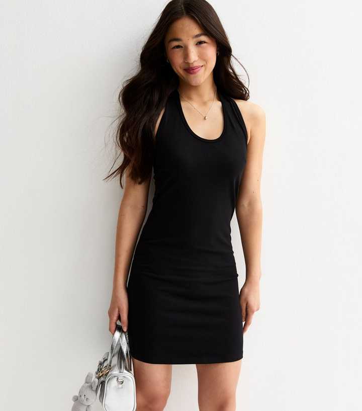 Girls Black Jersey Halter Neck Mini Dress