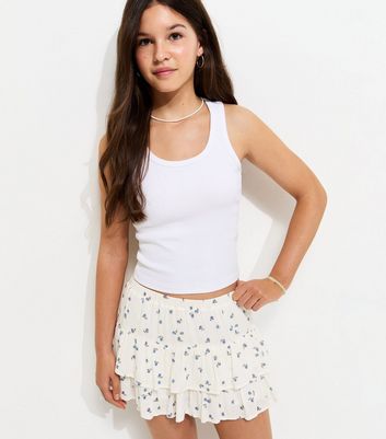 Girls White Crinkle Texture Floral Print Rara Skort