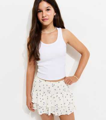 Girls White Crinkle Texture Floral Print Rara Skort