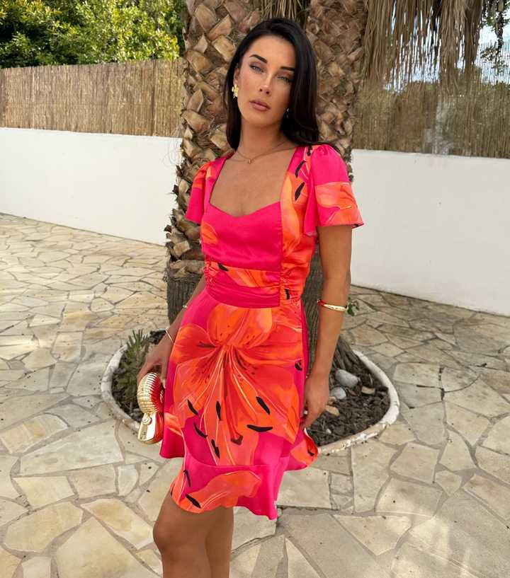 AX Paris Pink  Floral Frill Hem Mini Dress