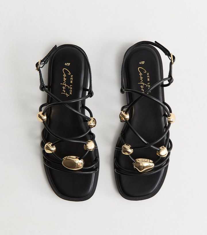 Black Faux Leather Stappy Metal Detail Flat Sandals