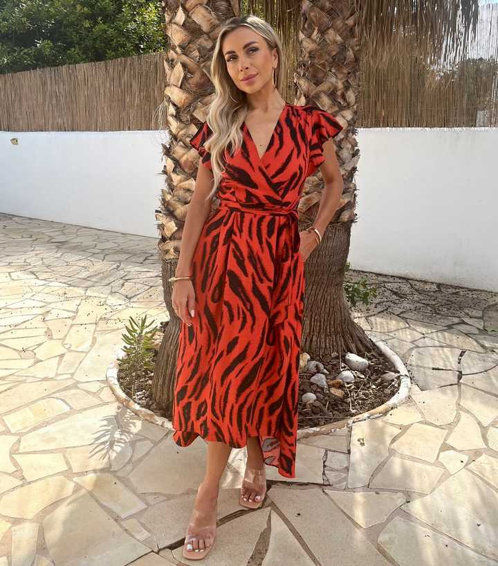 AX Paris Orange Tiger Belted Wrap Midi Dress