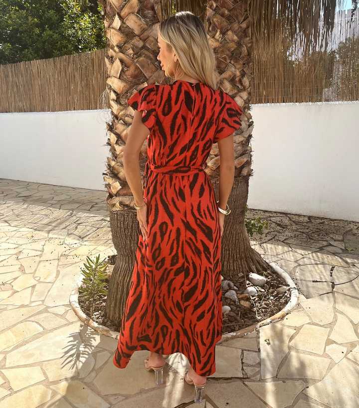 AX Paris Orange Tiger Belted Wrap Midi Dress | New Look