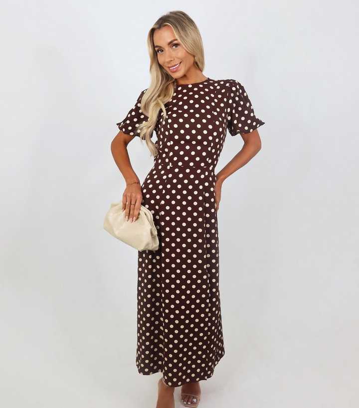 brown and gold dress Clarissa Polka Dot Maxi Dress