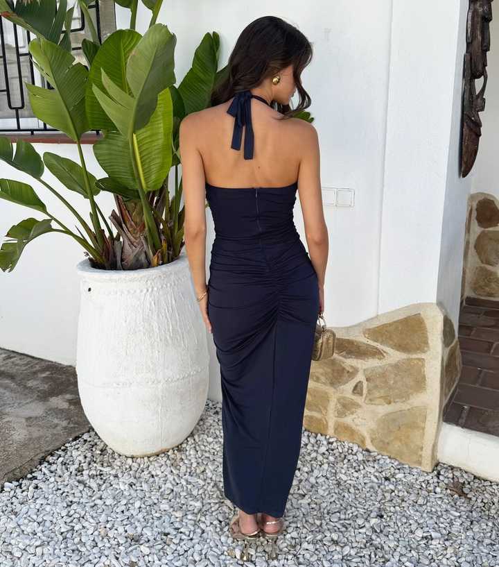 AX Paris Navy Halter Neck Ruched Split Midi Dress | New Look AX Paris Navy Halter Neck Ruched Split Midi Dress | New Look