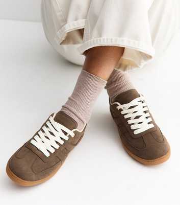 Light Brown Faux Brushed Leather Lace Up Trainers