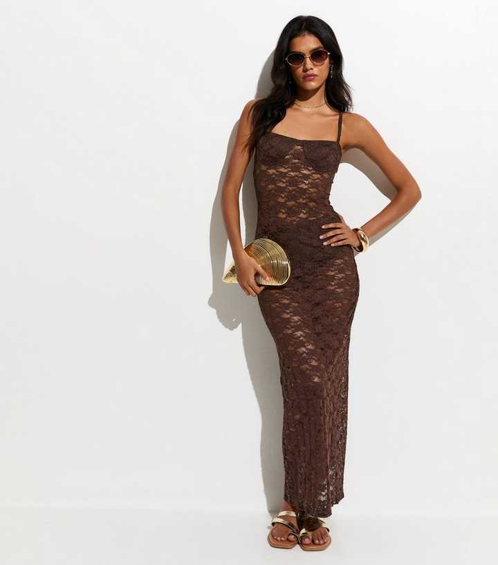 Dark Brown Semi Sheer Lace Beach Maxi Dress | New Look