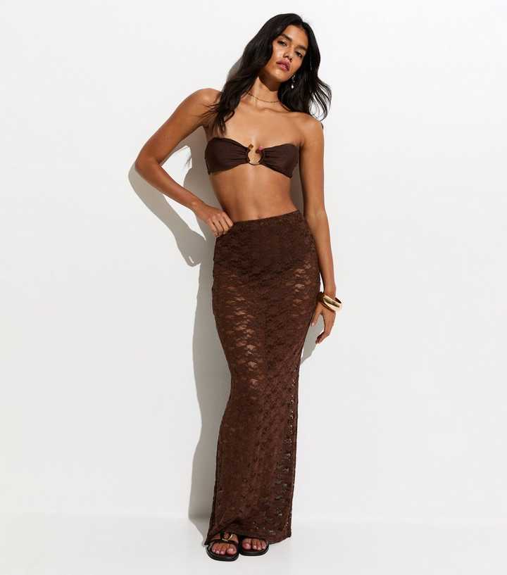 Dark Brown Lace Column Beach Maxi Skirt