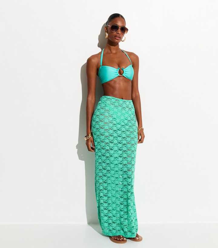 Turquoise Lace Column Beach Maxi Skirt