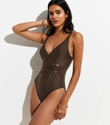 Dark Brown Tummy Control Wrap Buckle Swimsuit