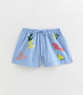 Blue Pina Fresca Striped Embroidered Shorts