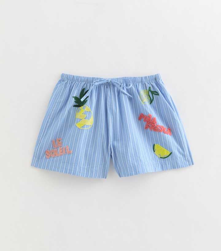 Blue Pina Fresca Striped Embroidered Shorts