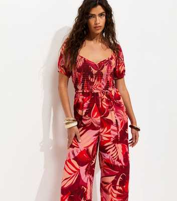 Red Crepe Tropical Shirred Jumpsuit