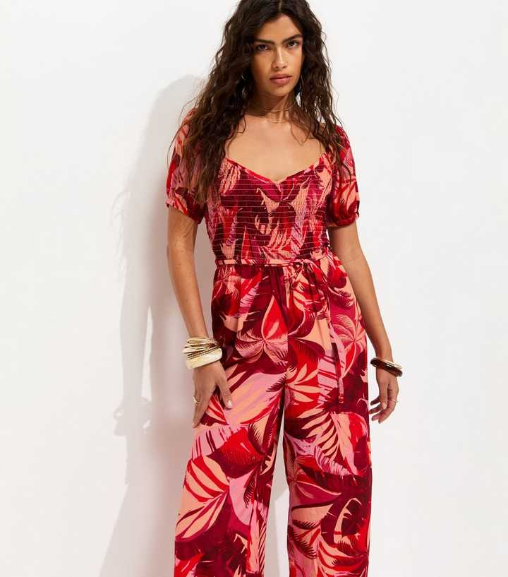 Red Crepe Tropical Shirred Jumpsuit