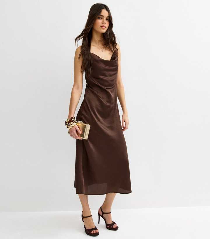 Dark Brown Satin Slip Dress | New Look