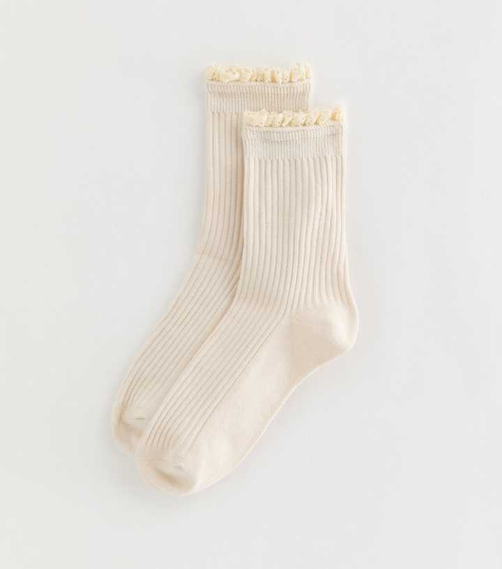 Cream Ribbed Crochet Frill Ankle Socks