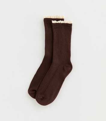 Dark Brown Ribbed Crochet Frill Ankle Socks