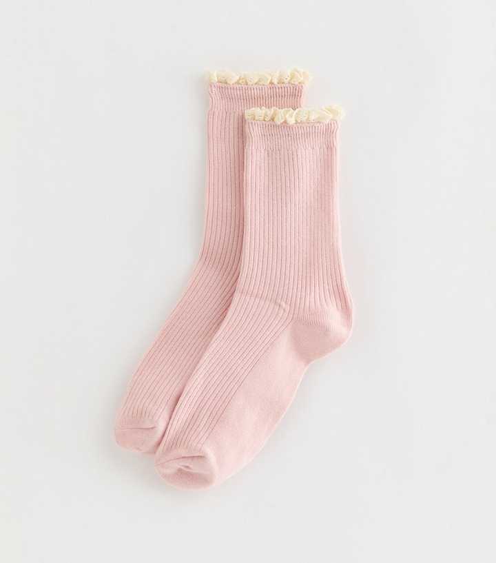 Light Pink Ribbed Crochet Frill Ankle Socks