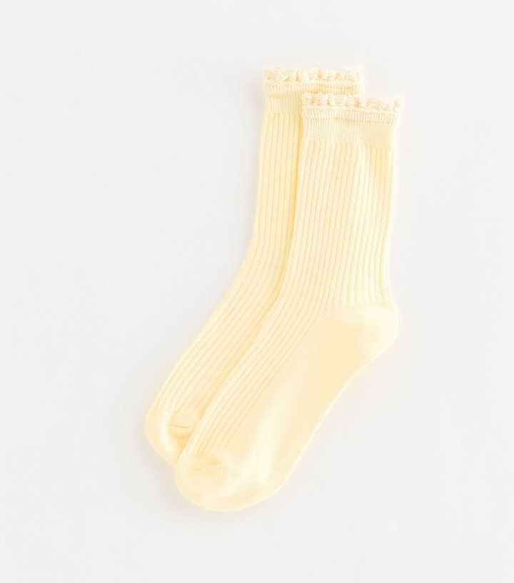 Bright Yellow Ribbed Crochet Frill Ankle Socks