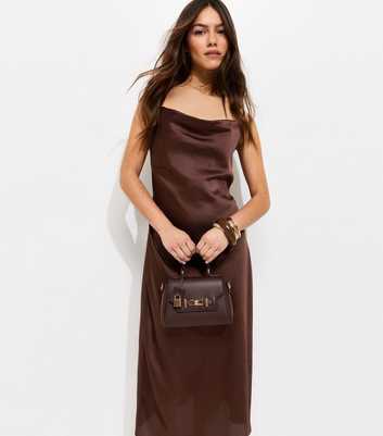 Petite Brown Satin Slip Midi Dress
