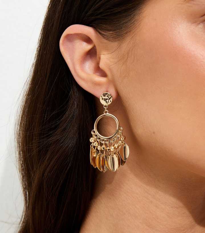 Gold Tone Boho Circle Tassle Drop Earrings
