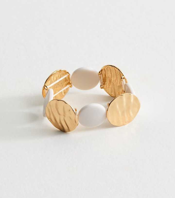 Gold Tone White Textured Disk Bracelet