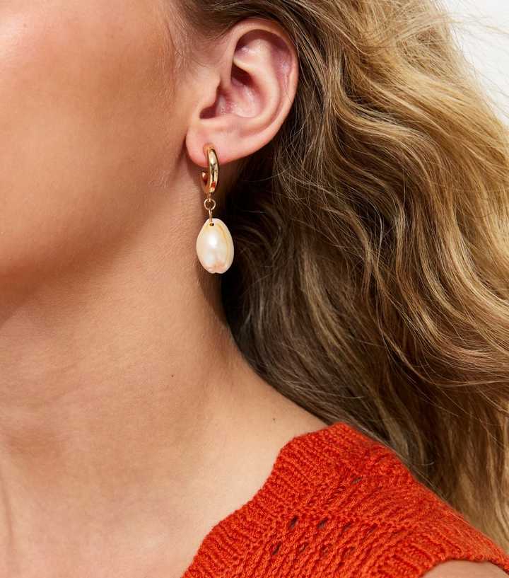 Gold Tone Shell Hoop Drop Earrings